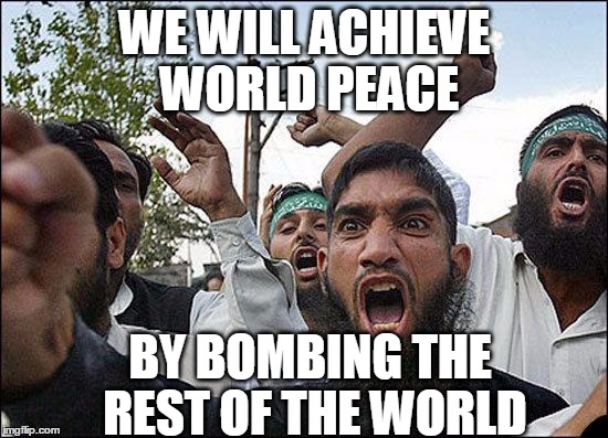 Muslim rage boy | WE WILL ACHIEVE WORLD PEACE; BY BOMBING THE REST OF THE WORLD | image tagged in muslim rage boy | made w/ Imgflip meme maker