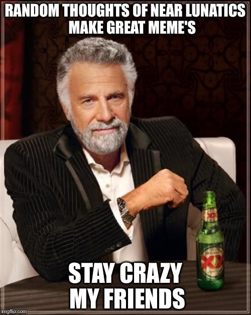The Most Interesting Man In The World Meme | RANDOM THOUGHTS OF NEAR LUNATICS     MAKE GREAT MEME'S; STAY CRAZY MY FRIENDS | image tagged in memes,the most interesting man in the world | made w/ Imgflip meme maker