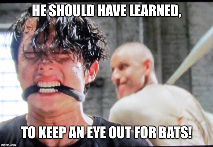 Glenn first up at bat | HE SHOULD HAVE LEARNED, TO KEEP AN EYE OUT FOR BATS! | image tagged in glenn first up at bat | made w/ Imgflip meme maker