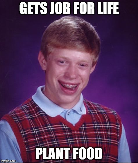 Bad Luck Brian | GETS JOB FOR LIFE; PLANT FOOD | image tagged in memes,bad luck brian | made w/ Imgflip meme maker