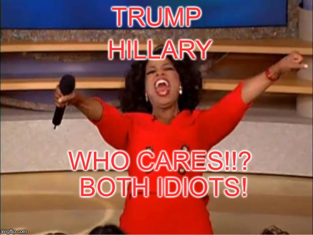 Oprah You Get A | HILLARY; TRUMP; WHO CARES!!? BOTH IDIOTS! | image tagged in memes,oprah you get a | made w/ Imgflip meme maker