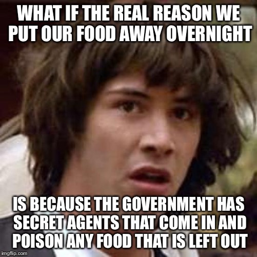 Conspiracy Keanu Meme | WHAT IF THE REAL REASON WE PUT OUR FOOD AWAY OVERNIGHT; IS BECAUSE THE GOVERNMENT HAS SECRET AGENTS THAT COME IN AND POISON ANY FOOD THAT IS LEFT OUT | image tagged in memes,conspiracy keanu | made w/ Imgflip meme maker