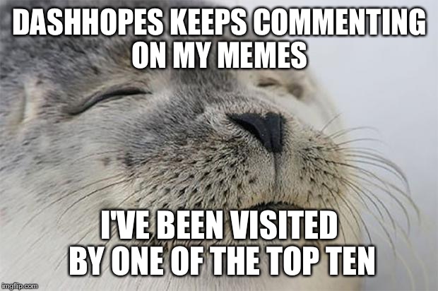 Satisfied Seal | DASHHOPES KEEPS COMMENTING ON MY MEMES; I'VE BEEN VISITED BY ONE OF THE TOP TEN | image tagged in memes,satisfied seal | made w/ Imgflip meme maker
