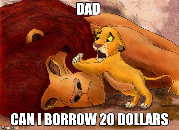 mufasadeath | DAD; CAN I BORROW 20 DOLLARS | image tagged in mufasadeath | made w/ Imgflip meme maker