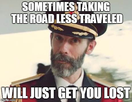 Captain Obvious | SOMETIMES TAKING THE ROAD LESS TRAVELED; WILL JUST GET YOU LOST | image tagged in captain obvious | made w/ Imgflip meme maker