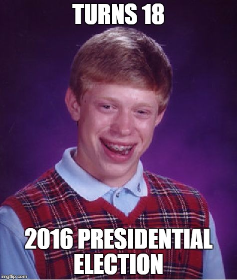 Bad Luck Brian Meme | TURNS 18; 2016 PRESIDENTIAL ELECTION | image tagged in memes,bad luck brian | made w/ Imgflip meme maker