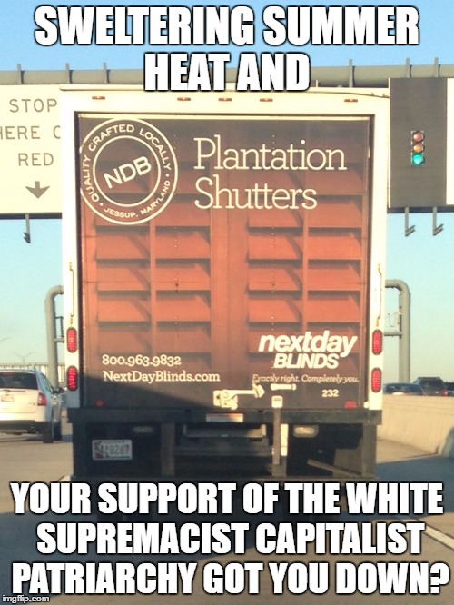 Plantation Shutters | SWELTERING SUMMER HEAT AND; YOUR SUPPORT OF THE WHITE SUPREMACIST CAPITALIST PATRIARCHY GOT YOU DOWN? | image tagged in bellhooks,plantationshutters,white privilege | made w/ Imgflip meme maker