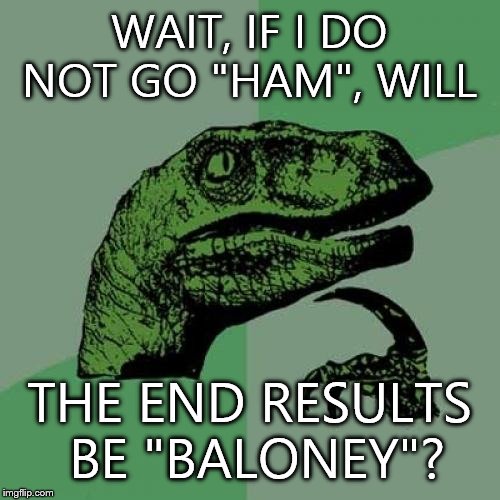 Philosoraptor | WAIT, IF I DO NOT GO "HAM", WILL; THE END RESULTS BE "BALONEY"? | image tagged in memes,philosoraptor | made w/ Imgflip meme maker