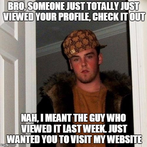 Scumbag Steve Meme | BRO, SOMEONE JUST TOTALLY JUST VIEWED YOUR PROFILE, CHECK IT OUT; NAH, I MEANT THE GUY WHO VIEWED IT LAST WEEK. JUST WANTED YOU TO VISIT MY WEBSITE | image tagged in memes,scumbag steve | made w/ Imgflip meme maker