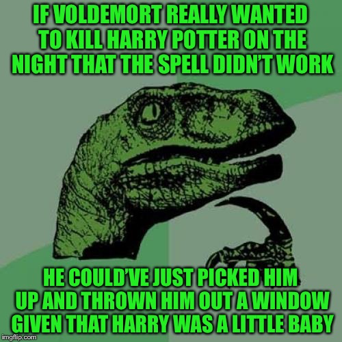 Philosoraptor Meme | IF VOLDEMORT REALLY WANTED TO KILL HARRY POTTER ON THE NIGHT THAT THE SPELL DIDN’T WORK; HE COULD’VE JUST PICKED HIM UP AND THROWN HIM OUT A WINDOW GIVEN THAT HARRY WAS A LITTLE BABY | image tagged in memes,philosoraptor,magic,harry potter,voldemort,funny | made w/ Imgflip meme maker