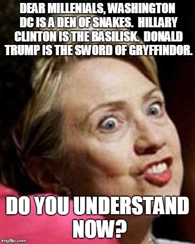 Hillary Clinton Fish | DEAR MILLENIALS, WASHINGTON DC IS A DEN OF SNAKES.  HILLARY CLINTON IS THE BASILISK.  DONALD TRUMP IS THE SWORD OF GRYFFINDOR. DO YOU UNDERSTAND NOW? | image tagged in hillary clinton fish | made w/ Imgflip meme maker