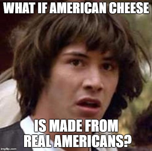 Conspiracy Keanu Meme | WHAT IF AMERICAN CHEESE; IS MADE FROM REAL AMERICANS? | image tagged in memes,conspiracy keanu | made w/ Imgflip meme maker