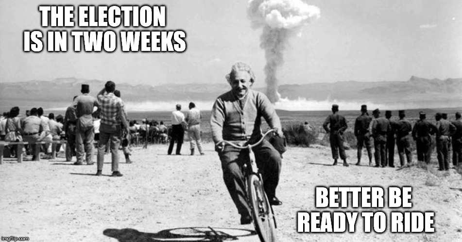 You don't have to be a genius to figure this one out... | THE ELECTION IS IN TWO WEEKS; BETTER BE READY TO RIDE | image tagged in einsteinexplosion,election 2016 | made w/ Imgflip meme maker