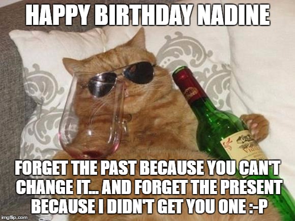 Funny Cat Birthday | HAPPY BIRTHDAY NADINE; FORGET THE PAST BECAUSE YOU CAN'T CHANGE IT... AND FORGET THE PRESENT BECAUSE I DIDN'T GET YOU ONE :-P | image tagged in funny cat birthday | made w/ Imgflip meme maker