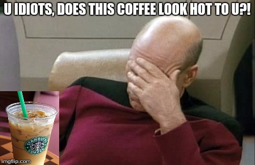 Captain Picard Facepalm Meme | U IDIOTS, DOES THIS COFFEE LOOK HOT TO U?! | image tagged in memes,captain picard facepalm | made w/ Imgflip meme maker