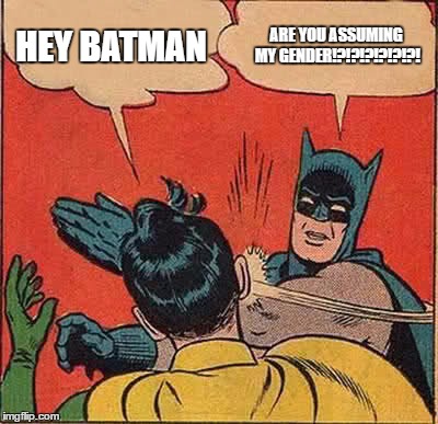 Batman Slapping Robin Meme | HEY BATMAN; ARE YOU ASSUMING MY GENDER!?!?!?!?!?!?! | image tagged in memes,batman slapping robin | made w/ Imgflip meme maker