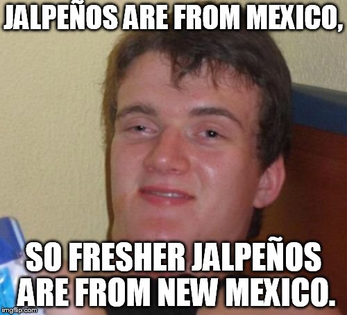 10 Guy Meme | JALPEÑOS ARE FROM MEXICO, SO FRESHER JALPEÑOS ARE FROM NEW MEXICO. | image tagged in memes,10 guy | made w/ Imgflip meme maker