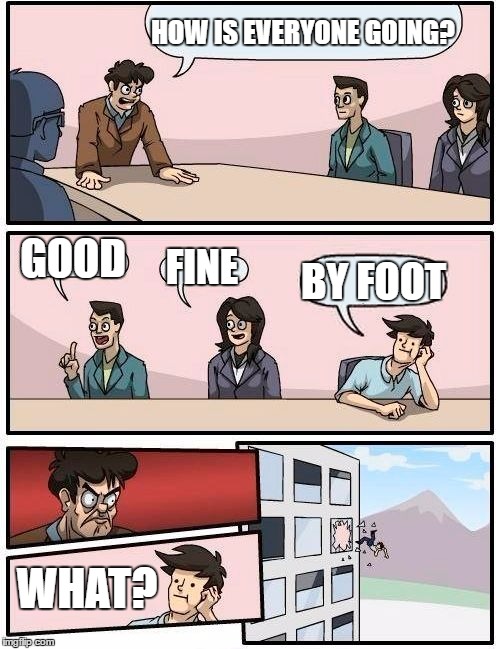 Boardroom Meeting Suggestion | HOW IS EVERYONE GOING? GOOD; FINE; BY FOOT; WHAT? | image tagged in memes,boardroom meeting suggestion | made w/ Imgflip meme maker