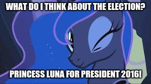 WHAT DO I THINK ABOUT THE ELECTION? PRINCESS LUNA FOR PRESIDENT 2016! | image tagged in luna winks | made w/ Imgflip meme maker