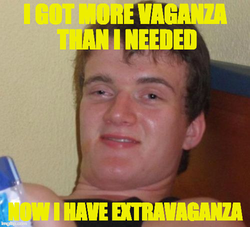 10 Guy Has Extra Vaganza  | I GOT MORE VAGANZA THAN I NEEDED; NOW I HAVE EXTRAVAGANZA | image tagged in 10 guy,extravaganza,extra,words,meanings | made w/ Imgflip meme maker