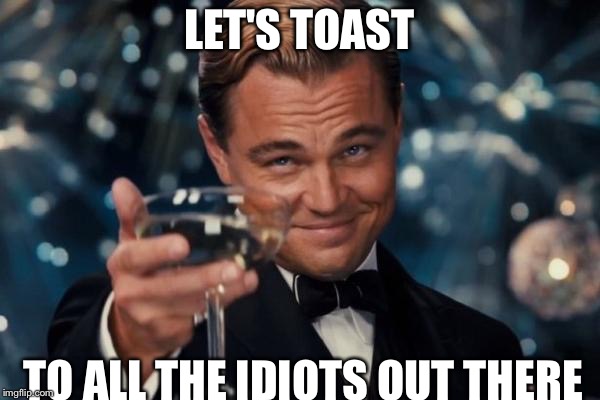Leonardo Dicaprio Cheers Meme | LET'S TOAST; TO ALL THE IDIOTS OUT THERE | image tagged in memes,leonardo dicaprio cheers | made w/ Imgflip meme maker
