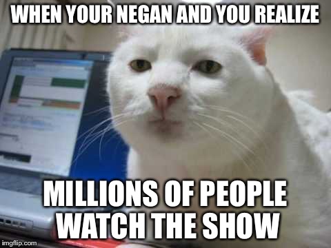 Srs cat | WHEN YOUR NEGAN AND YOU REALIZE MILLIONS OF PEOPLE WATCH THE SHOW | image tagged in srs cat | made w/ Imgflip meme maker