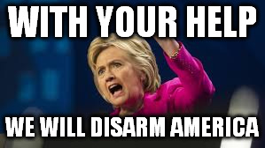 WITH YOUR HELP; WE WILL DISARM AMERICA | image tagged in hillary,hillary clinton,guns,2nd amendment,second amendment,disarm america | made w/ Imgflip meme maker