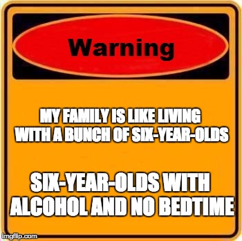 Warning Sign Meme | MY FAMILY IS LIKE LIVING WITH A BUNCH OF SIX-YEAR-OLDS; SIX-YEAR-OLDS WITH ALCOHOL AND NO BEDTIME | image tagged in memes,warning sign | made w/ Imgflip meme maker