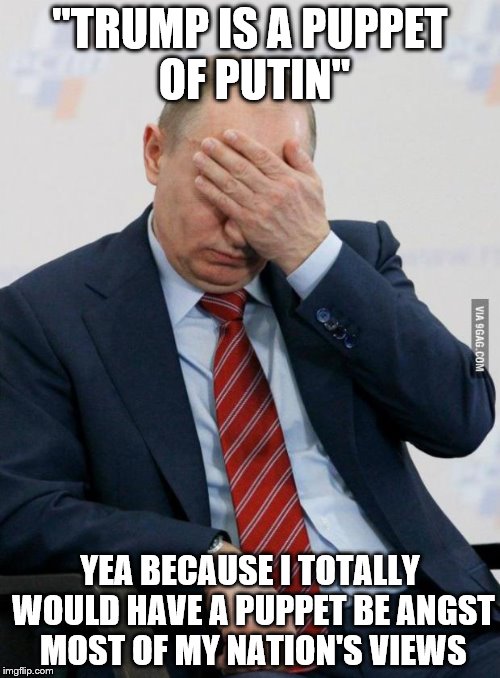 Putin Facepalm | "TRUMP IS A PUPPET OF PUTIN"; YEA BECAUSE I TOTALLY WOULD HAVE A PUPPET BE ANGST MOST OF MY NATION'S VIEWS | image tagged in putin facepalm | made w/ Imgflip meme maker