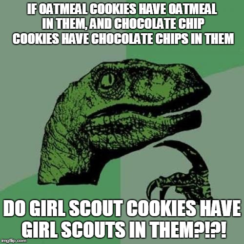 Philosoraptor Meme | IF OATMEAL COOKIES HAVE OATMEAL IN THEM, AND CHOCOLATE CHIP COOKIES HAVE CHOCOLATE CHIPS IN THEM; DO GIRL SCOUT COOKIES HAVE GIRL SCOUTS IN THEM?!?! | image tagged in memes,philosoraptor | made w/ Imgflip meme maker