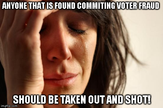 First World Problems | ANYONE THAT IS FOUND COMMITING VOTER FRAUD; SHOULD BE TAKEN OUT AND SHOT! | image tagged in memes,first world problems | made w/ Imgflip meme maker