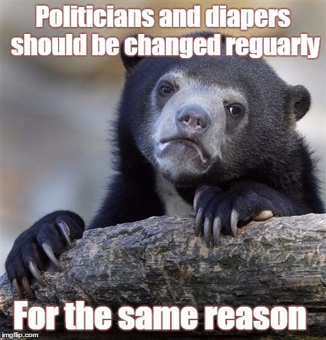 Confession Bear | Politicians and diapers should be changed reguarly; For the same reason | image tagged in memes,confession bear,trhtimmy,politics be like | made w/ Imgflip meme maker