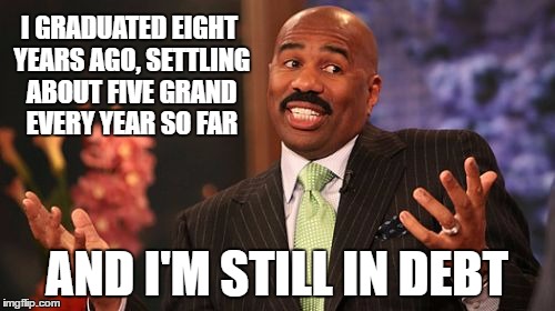 Steve Harvey Meme | I GRADUATED EIGHT YEARS AGO, SETTLING ABOUT FIVE GRAND EVERY YEAR SO FAR AND I'M STILL IN DEBT | image tagged in memes,steve harvey | made w/ Imgflip meme maker