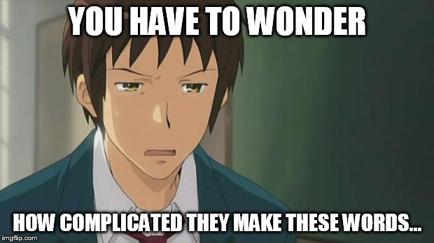 Kyon WTF | YOU HAVE TO WONDER HOW COMPLICATED THEY MAKE THESE WORDS... | image tagged in kyon wtf | made w/ Imgflip meme maker
