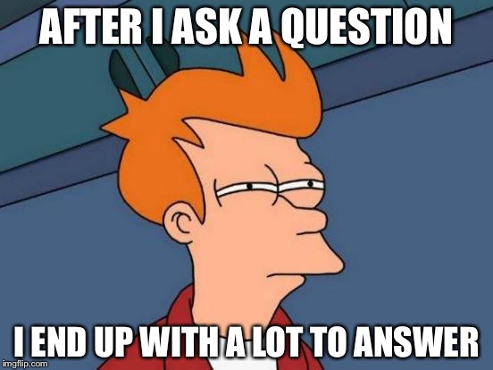 Futurama Fry | AFTER I ASK A QUESTION; I END UP WITH A LOT TO ANSWER | image tagged in memes,futurama fry | made w/ Imgflip meme maker