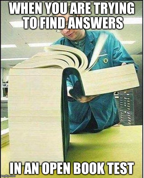 big book | WHEN YOU ARE TRYING TO FIND ANSWERS; IN AN OPEN BOOK TEST | image tagged in big book | made w/ Imgflip meme maker