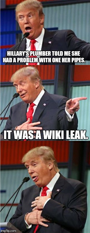 Bad Pun Trump | HILLARY'S PLUMBER TOLD ME SHE HAD A PROBLEM WITH ONE HER PIPES. IT WAS A WIKI LEAK. | image tagged in bad pun trump | made w/ Imgflip meme maker