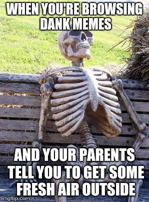 Waiting Skeleton | WHEN YOU'RE BROWSING DANK MEMES; AND YOUR PARENTS TELL YOU TO GET SOME FRESH AIR OUTSIDE | image tagged in memes,waiting skeleton | made w/ Imgflip meme maker