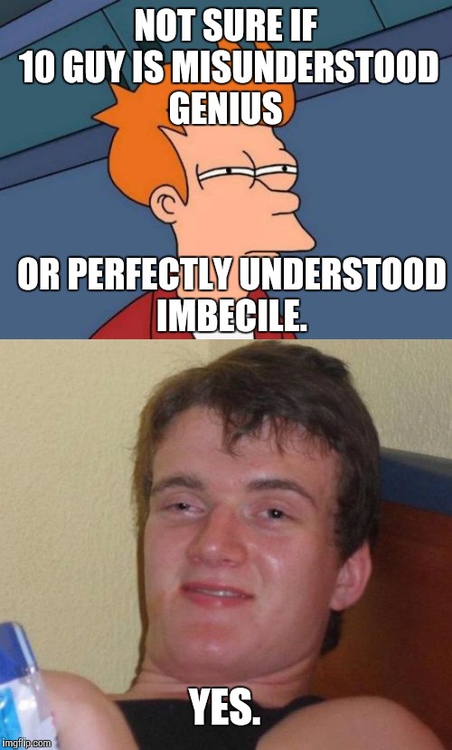 NOT SURE IF 10 GUY IS MISUNDERSTOOD GENIUS; OR PERFECTLY UNDERSTOOD IMBECILE. YES. | image tagged in memes,futurama fry,10 guy | made w/ Imgflip meme maker