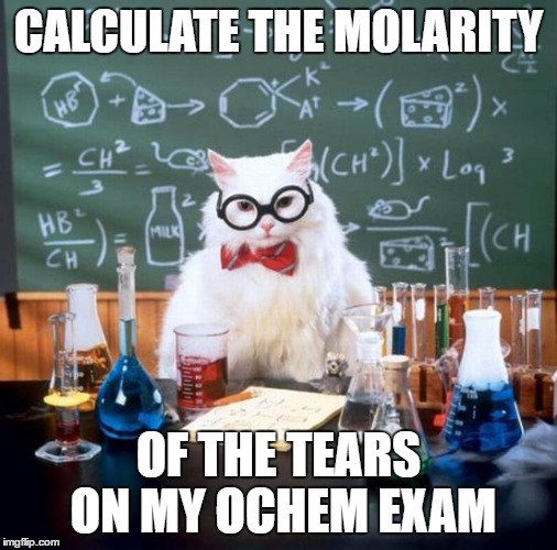 Chemistry Cat Meme | CALCULATE THE MOLARITY; OF THE TEARS ON MY OCHEM EXAM | image tagged in memes,chemistry cat | made w/ Imgflip meme maker