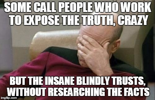 Captain Picard Facepalm | SOME CALL PEOPLE WHO WORK TO EXPOSE THE TRUTH, CRAZY; BUT THE INSANE BLINDLY TRUSTS, WITHOUT RESEARCHING THE FACTS | image tagged in memes,captain picard facepalm | made w/ Imgflip meme maker