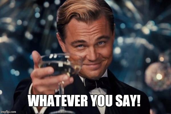 Leonardo Dicaprio Cheers Meme | WHATEVER YOU SAY! | image tagged in memes,leonardo dicaprio cheers | made w/ Imgflip meme maker