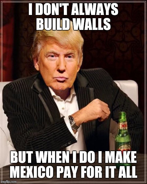 Trump Most Interesting Man In The World | I DON'T ALWAYS BUILD WALLS; BUT WHEN I DO I MAKE MEXICO PAY FOR IT ALL | image tagged in trump most interesting man in the world | made w/ Imgflip meme maker