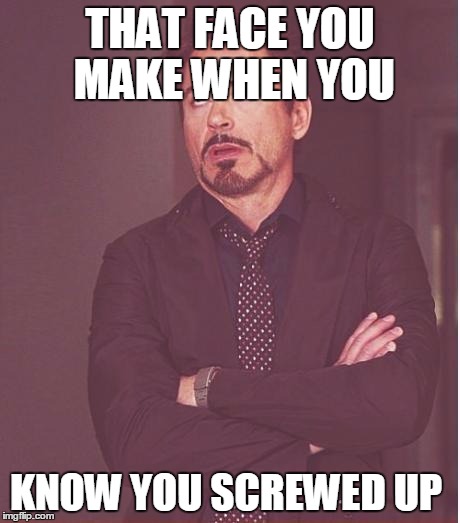 Face You Make Robert Downey Jr Meme |  THAT FACE YOU MAKE WHEN YOU; KNOW YOU SCREWED UP | image tagged in memes,face you make robert downey jr | made w/ Imgflip meme maker