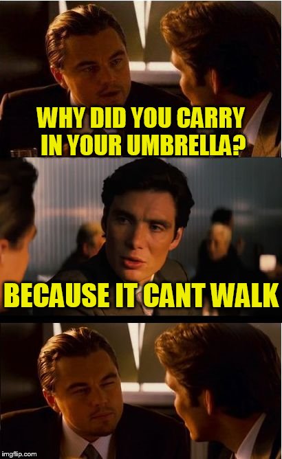 Inception | WHY DID YOU CARRY IN YOUR UMBRELLA? BECAUSE IT CANT WALK | image tagged in memes,inception | made w/ Imgflip meme maker