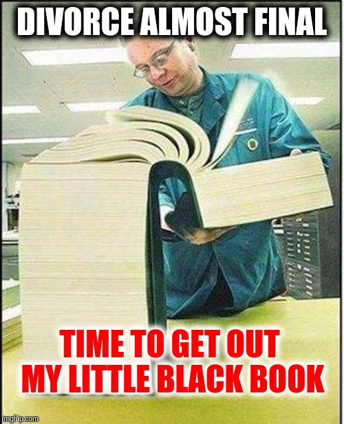 I wonder if they've changed any over the lady 40 years. | DIVORCE ALMOST FINAL; TIME TO GET OUT MY LITTLE BLACK BOOK | image tagged in big book,little black book,dating,divorce | made w/ Imgflip meme maker