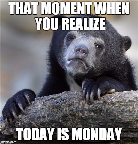 Today's monday... | THAT MOMENT WHEN YOU REALIZE; TODAY IS MONDAY | image tagged in memes,confession bear,i hate mondays,mondays its a trap,monday face | made w/ Imgflip meme maker