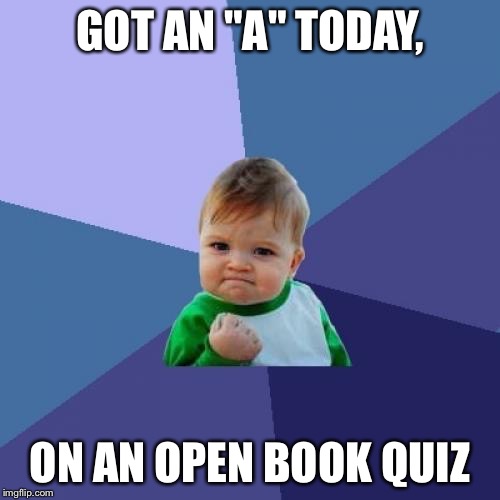 Success Kid | GOT AN "A" TODAY, ON AN OPEN BOOK QUIZ | image tagged in memes,success kid | made w/ Imgflip meme maker