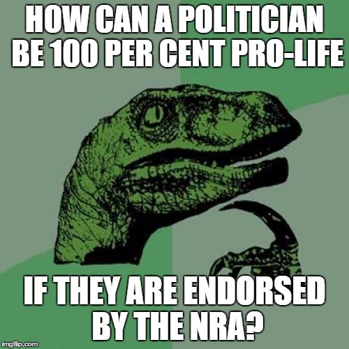Philosoraptor Meme | HOW CAN A POLITICIAN BE 100 PER CENT PRO-LIFE; IF THEY ARE ENDORSED BY THE NRA? | image tagged in memes,philosoraptor | made w/ Imgflip meme maker