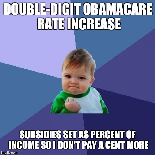 Success Kid Meme | DOUBLE-DIGIT OBAMACARE RATE INCREASE SUBSIDIES SET AS PERCENT OF INCOME SO I DON'T PAY A CENT MORE | image tagged in memes,success kid | made w/ Imgflip meme maker